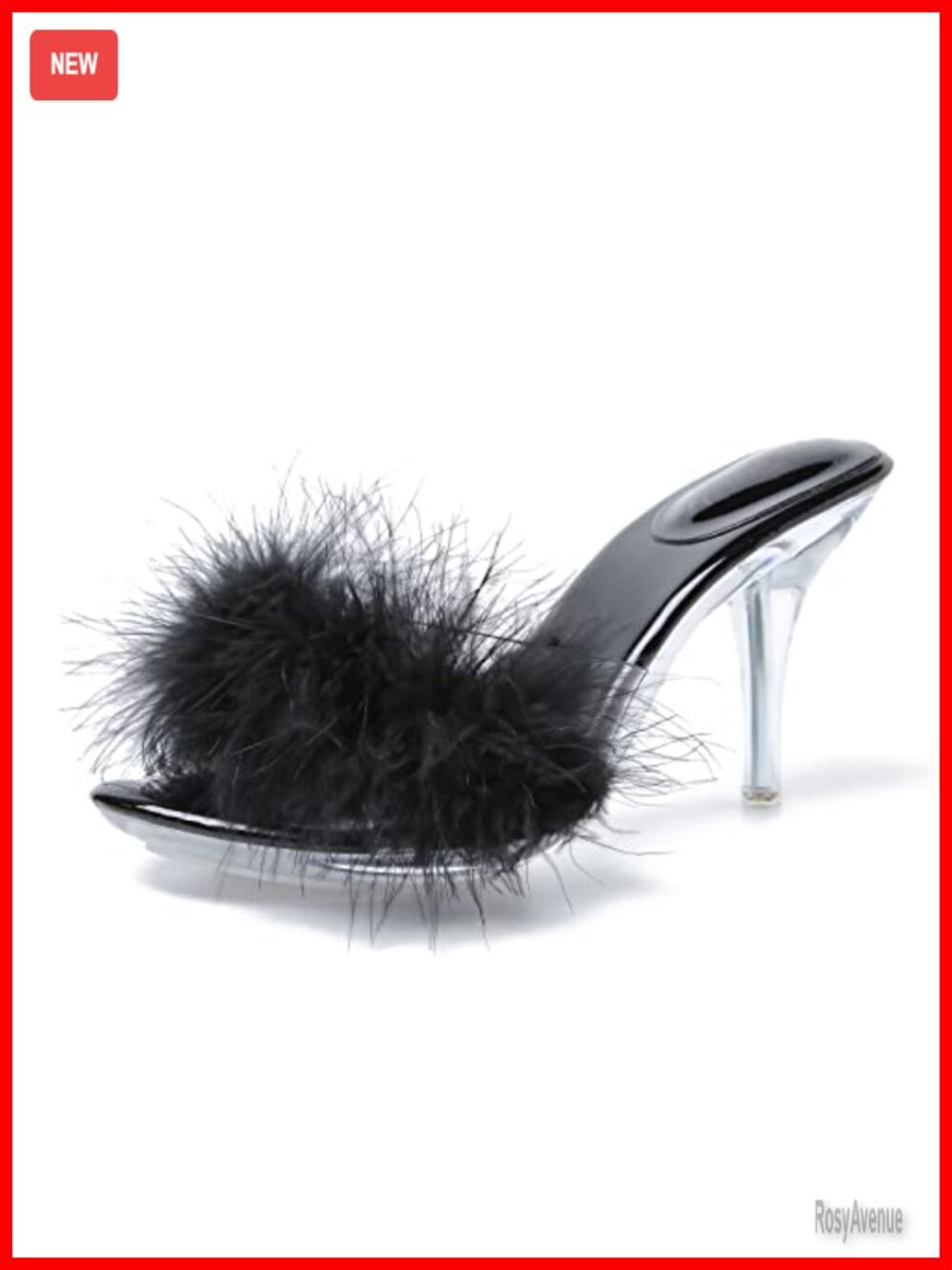 Heiyom Women's Fuzzy Slippers Clear Heels Pointed Toe Stilettos Mules Sandals